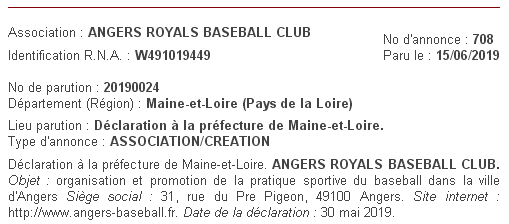 Parution au Journal Officiel Angers Royals Baseball Club